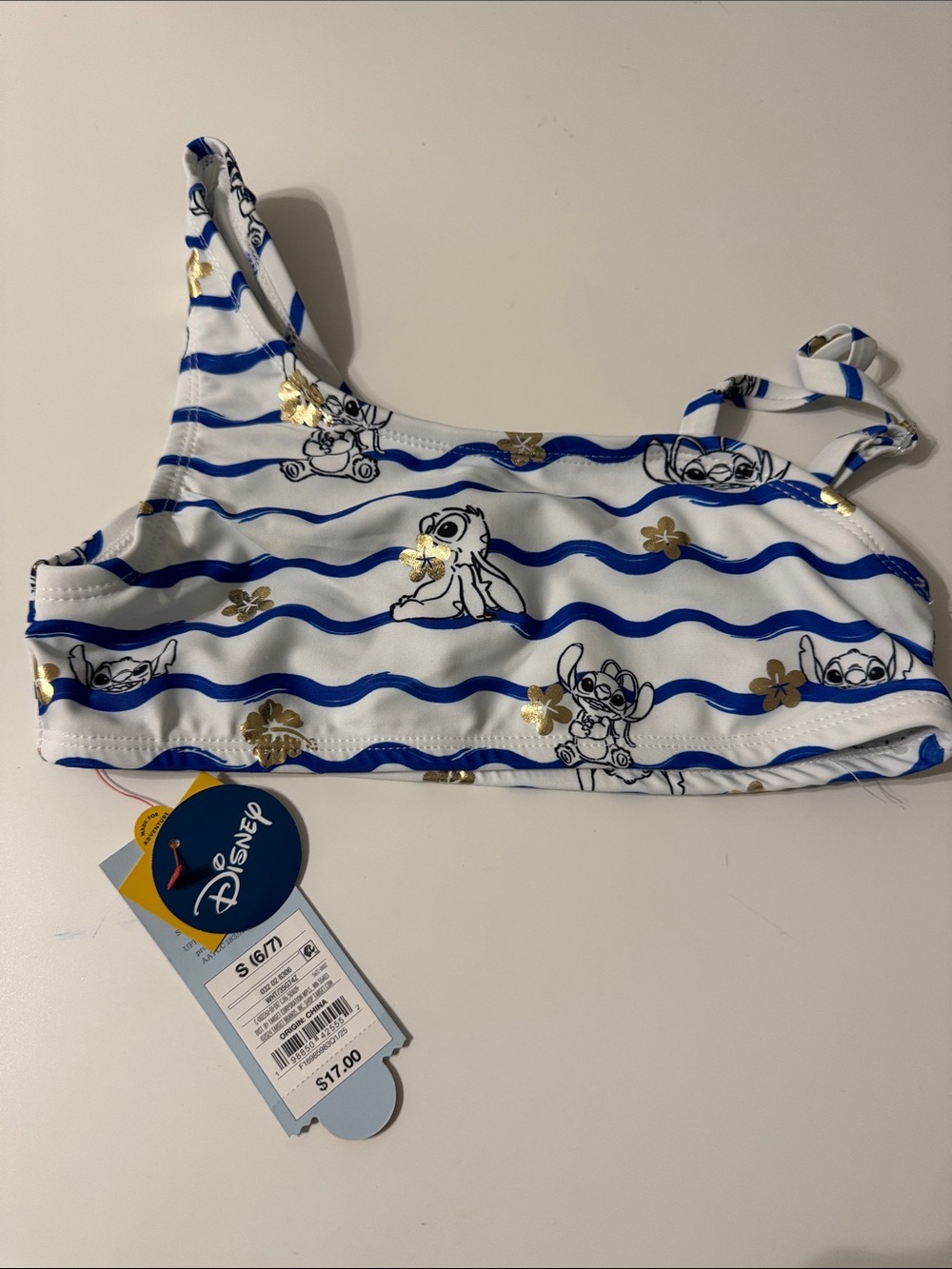 Cat & Jack White and Blue Disney Stitch Kids Swim Top with Gold Accents